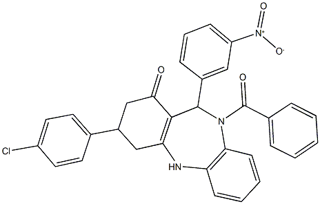10-benzoyl-3-(4-chlorophenyl)-11-{3-nitrophenyl}-2,3,4,5,10,11-hexahydro-1H-dibenzo[b,e][1,4]diazepin-1-one Struktur