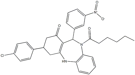 3-(4-chlorophenyl)-10-hexanoyl-11-{3-nitrophenyl}-2,3,4,5,10,11-hexahydro-1H-dibenzo[b,e][1,4]diazepin-1-one,445243-94-7,结构式