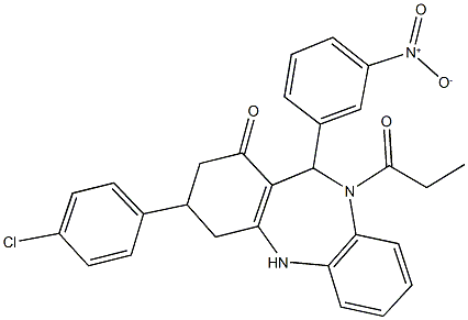 3-(4-chlorophenyl)-11-{3-nitrophenyl}-10-propionyl-2,3,4,5,10,11-hexahydro-1H-dibenzo[b,e][1,4]diazepin-1-one 化学構造式
