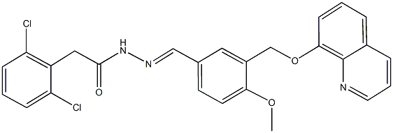 2-(2,6-dichlorophenyl)-N'-{4-methoxy-3-[(8-quinolinyloxy)methyl]benzylidene}acetohydrazide 化学構造式