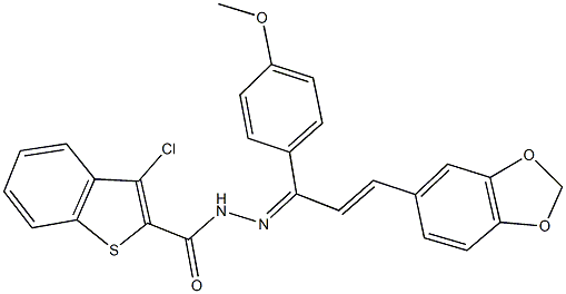 N'-[3-(1,3-benzodioxol-5-yl)-1-(4-methoxyphenyl)-2-propenylidene]-3-chloro-1-benzothiophene-2-carbohydrazide 结构式
