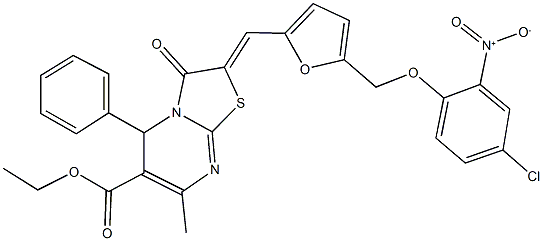 ethyl 2-{[5-({4-chloro-2-nitrophenoxy}methyl)-2-furyl]methylene}-7-methyl-3-oxo-5-phenyl-2,3-dihydro-5H-[1,3]thiazolo[3,2-a]pyrimidine-6-carboxylate Struktur