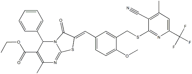 ethyl 2-[3-({[3-cyano-4-methyl-6-(trifluoromethyl)-2-pyridinyl]sulfanyl}methyl)-4-methoxybenzylidene]-7-methyl-3-oxo-5-phenyl-2,3-dihydro-5H-[1,3]thiazolo[3,2-a]pyrimidine-6-carboxylate 结构式