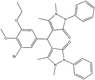 4-[(3-bromo-5-ethoxy-4-methoxyphenyl)(1,5-dimethyl-3-oxo-2-phenyl-2,3-dihydro-1H-pyrazol-4-yl)methyl]-1,5-dimethyl-2-phenyl-1,2-dihydro-3H-pyrazol-3-one Struktur