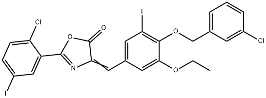 4-{4-[(3-chlorobenzyl)oxy]-3-ethoxy-5-iodobenzylidene}-2-(2-chloro-5-iodophenyl)-1,3-oxazol-5(4H)-one 结构式