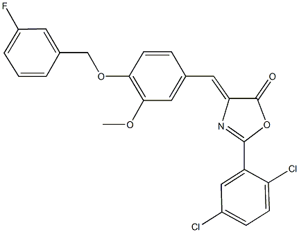2-(2,5-dichlorophenyl)-4-{4-[(3-fluorobenzyl)oxy]-3-methoxybenzylidene}-1,3-oxazol-5(4H)-one Struktur