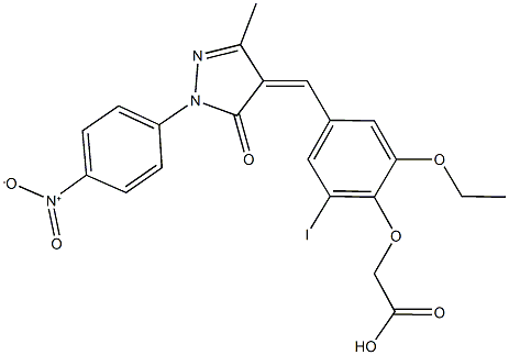 {2-ethoxy-4-[(1-{4-nitrophenyl}-3-methyl-5-oxo-1,5-dihydro-4H-pyrazol-4-ylidene)methyl]-6-iodophenoxy}acetic acid 结构式