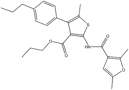 propyl 2-[(2,5-dimethyl-3-furoyl)amino]-5-methyl-4-(4-propylphenyl)-3-thiophenecarboxylate Struktur