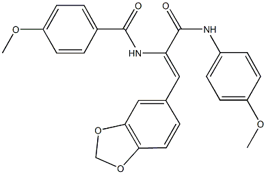 N-{2-(1,3-benzodioxol-5-yl)-1-[(4-methoxyanilino)carbonyl]vinyl}-4-methoxybenzamide 化学構造式