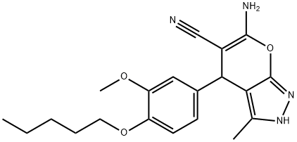 6-amino-3-methyl-4-[3-(methyloxy)-4-(pentyloxy)phenyl]-2,4-dihydropyrano[2,3-c]pyrazole-5-carbonitrile 化学構造式