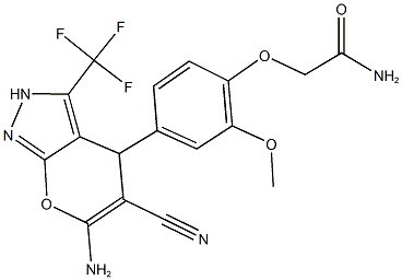 2-{4-[6-amino-5-cyano-3-(trifluoromethyl)-2,4-dihydropyrano[2,3-c]pyrazol-4-yl]-2-methoxyphenoxy}acetamide Struktur