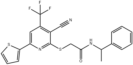 2-{[3-cyano-6-(2-thienyl)-4-(trifluoromethyl)-2-pyridinyl]sulfanyl}-N-(1-phenylethyl)acetamide Structure