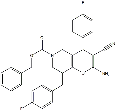 benzyl 2-amino-3-cyano-8-(4-fluorobenzylidene)-4-(4-fluorophenyl)-7,8-dihydro-4H-pyrano[3,2-c]pyridine-6(5H)-carboxylate Struktur