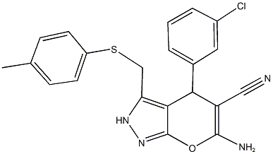 6-amino-4-(3-chlorophenyl)-3-{[(4-methylphenyl)sulfanyl]methyl}-2,4-dihydropyrano[2,3-c]pyrazole-5-carbonitrile,445266-61-5,结构式