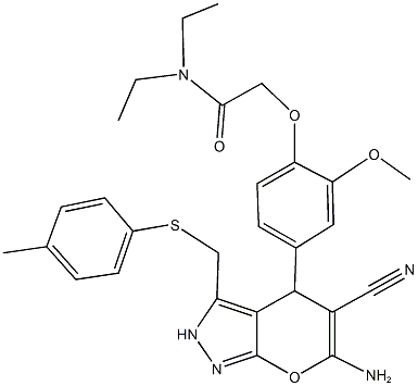 2-[4-(6-amino-5-cyano-3-{[(4-methylphenyl)sulfanyl]methyl}-2,4-dihydropyrano[2,3-c]pyrazol-4-yl)-2-methoxyphenoxy]-N,N-diethylacetamide Structure