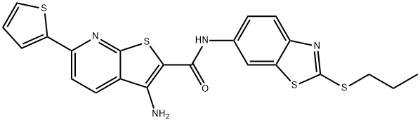 3-amino-N-[2-(propylsulfanyl)-1,3-benzothiazol-6-yl]-6-(2-thienyl)thieno[2,3-b]pyridine-2-carboxamide 结构式
