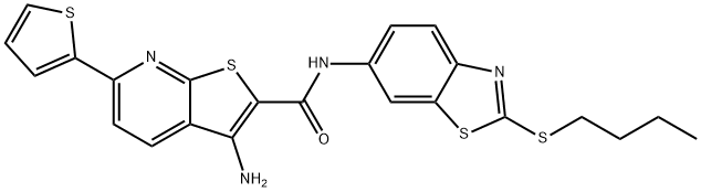 3-amino-N-[2-(butylsulfanyl)-1,3-benzothiazol-6-yl]-6-(2-thienyl)thieno[2,3-b]pyridine-2-carboxamide 化学構造式