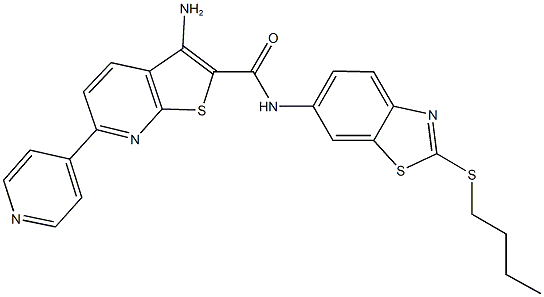 3-amino-N-[2-(butylsulfanyl)-1,3-benzothiazol-6-yl]-6-(4-pyridinyl)thieno[2,3-b]pyridine-2-carboxamide,445267-55-0,结构式