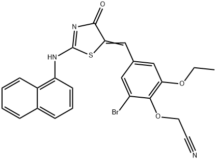 (2-bromo-6-ethoxy-4-{[2-(1-naphthylimino)-4-oxo-1,3-thiazolidin-5-ylidene]methyl}phenoxy)acetonitrile,445285-04-1,结构式