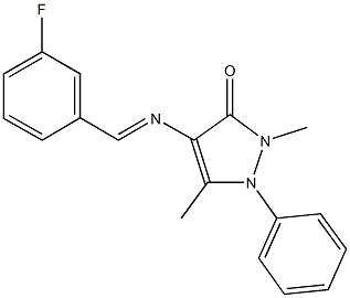 4-[(3-fluorobenzylidene)amino]-2,5-dimethyl-1-phenyl-1,2-dihydro-3H-pyrazol-3-one 化学構造式