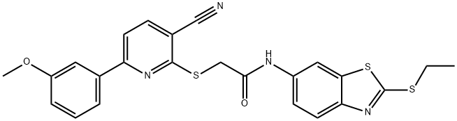 2-{[3-cyano-6-(3-methoxyphenyl)-2-pyridinyl]sulfanyl}-N-[2-(ethylsulfanyl)-1,3-benzothiazol-6-yl]acetamide 化学構造式