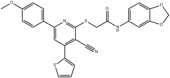 N-(1,3-benzodioxol-5-yl)-2-{[3-cyano-6-(4-methoxyphenyl)-4-(2-thienyl)-2-pyridinyl]sulfanyl}acetamide 化学構造式