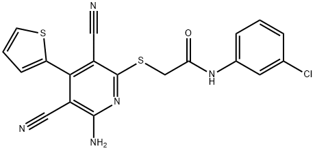 2-{[6-amino-3,5-dicyano-4-(2-thienyl)-2-pyridinyl]sulfanyl}-N-(3-chlorophenyl)acetamide,445381-46-4,结构式