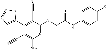 2-{[6-amino-3,5-dicyano-4-(2-thienyl)-2-pyridinyl]sulfanyl}-N-(4-chlorophenyl)acetamide,445381-47-5,结构式