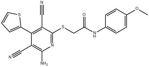2-{[6-amino-3,5-dicyano-4-(2-thienyl)-2-pyridinyl]sulfanyl}-N-(4-methoxyphenyl)acetamide Struktur