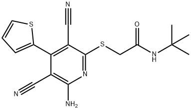 2-{[6-amino-3,5-dicyano-4-(2-thienyl)-2-pyridinyl]sulfanyl}-N-(tert-butyl)acetamide Struktur