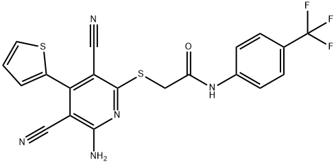 2-{[6-amino-3,5-dicyano-4-(2-thienyl)-2-pyridinyl]sulfanyl}-N-[4-(trifluoromethyl)phenyl]acetamide Struktur