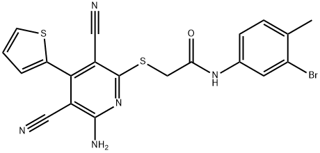 2-{[6-amino-3,5-dicyano-4-(2-thienyl)-2-pyridinyl]sulfanyl}-N-(3-bromo-4-methylphenyl)acetamide 化学構造式