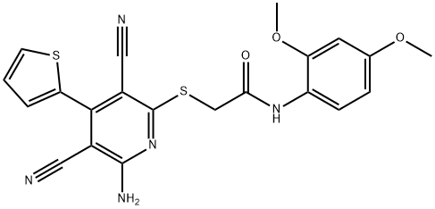 2-{[6-amino-3,5-dicyano-4-(2-thienyl)-2-pyridinyl]sulfanyl}-N-(2,4-dimethoxyphenyl)acetamide Structure