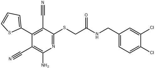 2-{[6-amino-3,5-dicyano-4-(2-thienyl)-2-pyridinyl]sulfanyl}-N-(3,4-dichlorobenzyl)acetamide 结构式