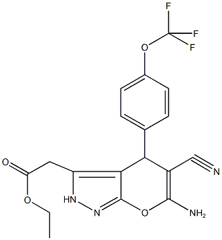 ethyl {6-amino-5-cyano-4-[4-(trifluoromethoxy)phenyl]-2,4-dihydropyrano[2,3-c]pyrazol-3-yl}acetate Struktur