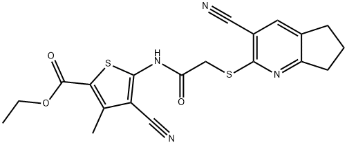 ethyl 4-cyano-5-({[(3-cyano-6,7-dihydro-5H-cyclopenta[b]pyridin-2-yl)sulfanyl]acetyl}amino)-3-methyl-2-thiophenecarboxylate 化学構造式