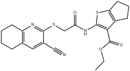 ethyl 2-({[(3-cyano-5,6,7,8-tetrahydro-2-quinolinyl)sulfanyl]acetyl}amino)-5,6-dihydro-4H-cyclopenta[b]thiophene-3-carboxylate 化学構造式