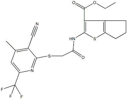 ethyl 2-[({[3-cyano-4-methyl-6-(trifluoromethyl)-2-pyridinyl]sulfanyl}acetyl)amino]-5,6-dihydro-4H-cyclopenta[b]thiophene-3-carboxylate Struktur