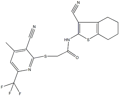 2-{[3-cyano-4-methyl-6-(trifluoromethyl)-2-pyridinyl]sulfanyl}-N-(3-cyano-4,5,6,7-tetrahydro-1-benzothien-2-yl)acetamide 结构式