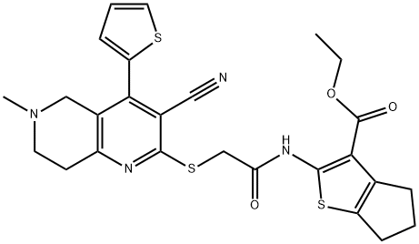 ethyl 2-[({[3-cyano-6-methyl-4-(2-thienyl)-5,6,7,8-tetrahydro[1,6]naphthyridin-2-yl]sulfanyl}acetyl)amino]-5,6-dihydro-4H-cyclopenta[b]thiophene-3-carboxylate Structure