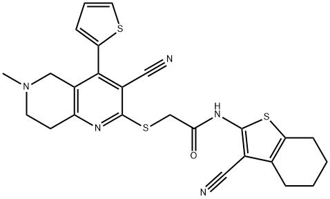 2-{[3-cyano-6-methyl-4-(2-thienyl)-5,6,7,8-tetrahydro[1,6]naphthyridin-2-yl]sulfanyl}-N-(3-cyano-4,5,6,7-tetrahydro-1-benzothien-2-yl)acetamide 结构式