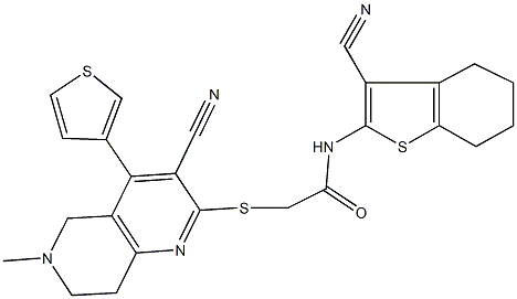 2-{[3-cyano-6-methyl-4-(3-thienyl)-5,6,7,8-tetrahydro[1,6]naphthyridin-2-yl]sulfanyl}-N-(3-cyano-4,5,6,7-tetrahydro-1-benzothien-2-yl)acetamide Struktur