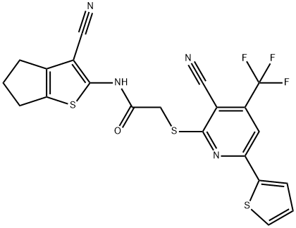 N-(3-cyano-5,6-dihydro-4H-cyclopenta[b]thien-2-yl)-2-{[3-cyano-6-(2-thienyl)-4-(trifluoromethyl)-2-pyridinyl]sulfanyl}acetamide Struktur