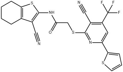 N-(3-cyano-4,5,6,7-tetrahydro-1-benzothien-2-yl)-2-{[3-cyano-6-(2-thienyl)-4-(trifluoromethyl)-2-pyridinyl]sulfanyl}acetamide 化学構造式