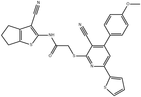 N-(3-cyano-5,6-dihydro-4H-cyclopenta[b]thien-2-yl)-2-{[3-cyano-4-(4-methoxyphenyl)-6-(2-thienyl)-2-pyridinyl]sulfanyl}acetamide Struktur