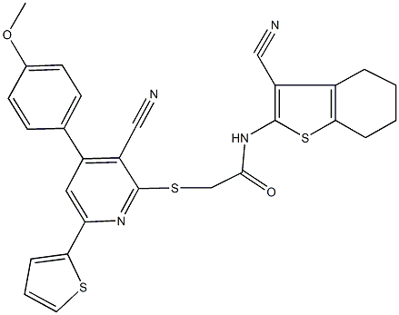 2-{[3-cyano-4-(4-methoxyphenyl)-6-(2-thienyl)-2-pyridinyl]sulfanyl}-N-(3-cyano-4,5,6,7-tetrahydro-1-benzothien-2-yl)acetamide 化学構造式