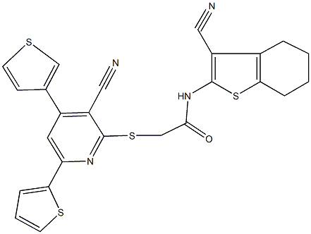 N-(3-cyano-4,5,6,7-tetrahydro-1-benzothien-2-yl)-2-{[3-cyano-6-(2-thienyl)-4-(3-thienyl)-2-pyridinyl]sulfanyl}acetamide 化学構造式