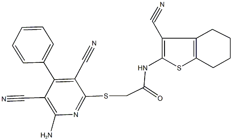 2-[(6-amino-3,5-dicyano-4-phenyl-2-pyridinyl)sulfanyl]-N-(3-cyano-4,5,6,7-tetrahydro-1-benzothien-2-yl)acetamide 化学構造式