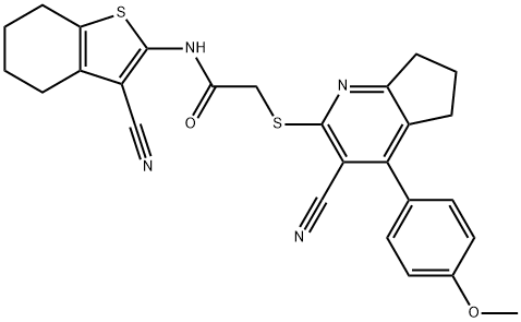 2-{[3-cyano-4-(4-methoxyphenyl)-6,7-dihydro-5H-cyclopenta[b]pyridin-2-yl]sulfanyl}-N-(3-cyano-4,5,6,7-tetrahydro-1-benzothien-2-yl)acetamide Struktur