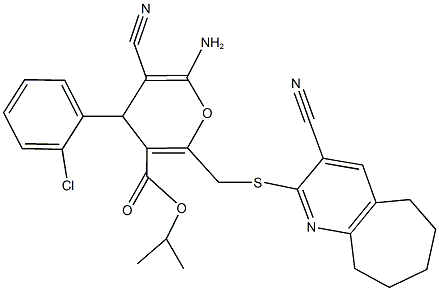 isopropyl 6-amino-4-(2-chlorophenyl)-5-cyano-2-{[(3-cyano-6,7,8,9-tetrahydro-5H-cyclohepta[b]pyridin-2-yl)sulfanyl]methyl}-4H-pyran-3-carboxylate Structure